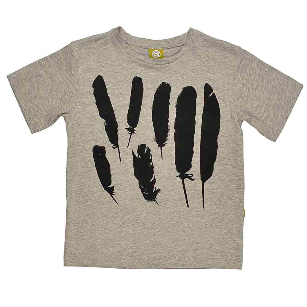 Nui Organics. Grå t-shirt med sort fjerprint i økologisk bomuld