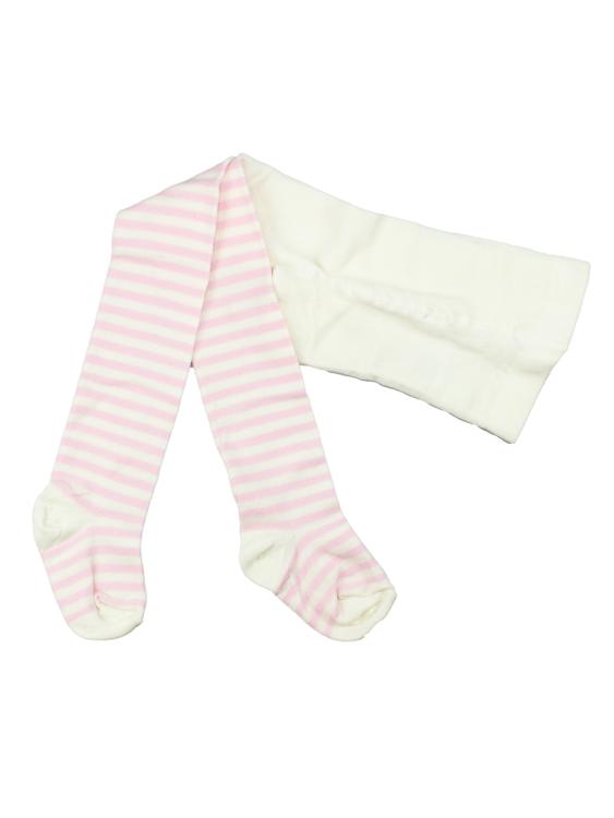 Nui Organics. Rosa- og hvidstribede baby strømpebukser i økologisk merinould